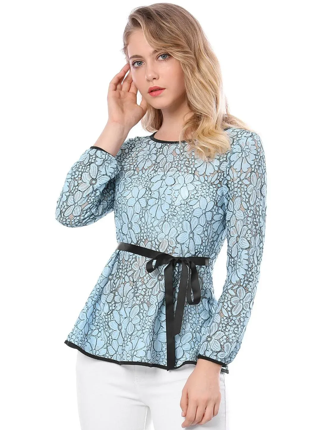 Elegant Tie Waist Long Sleeve Top Lace Peplum Blouses