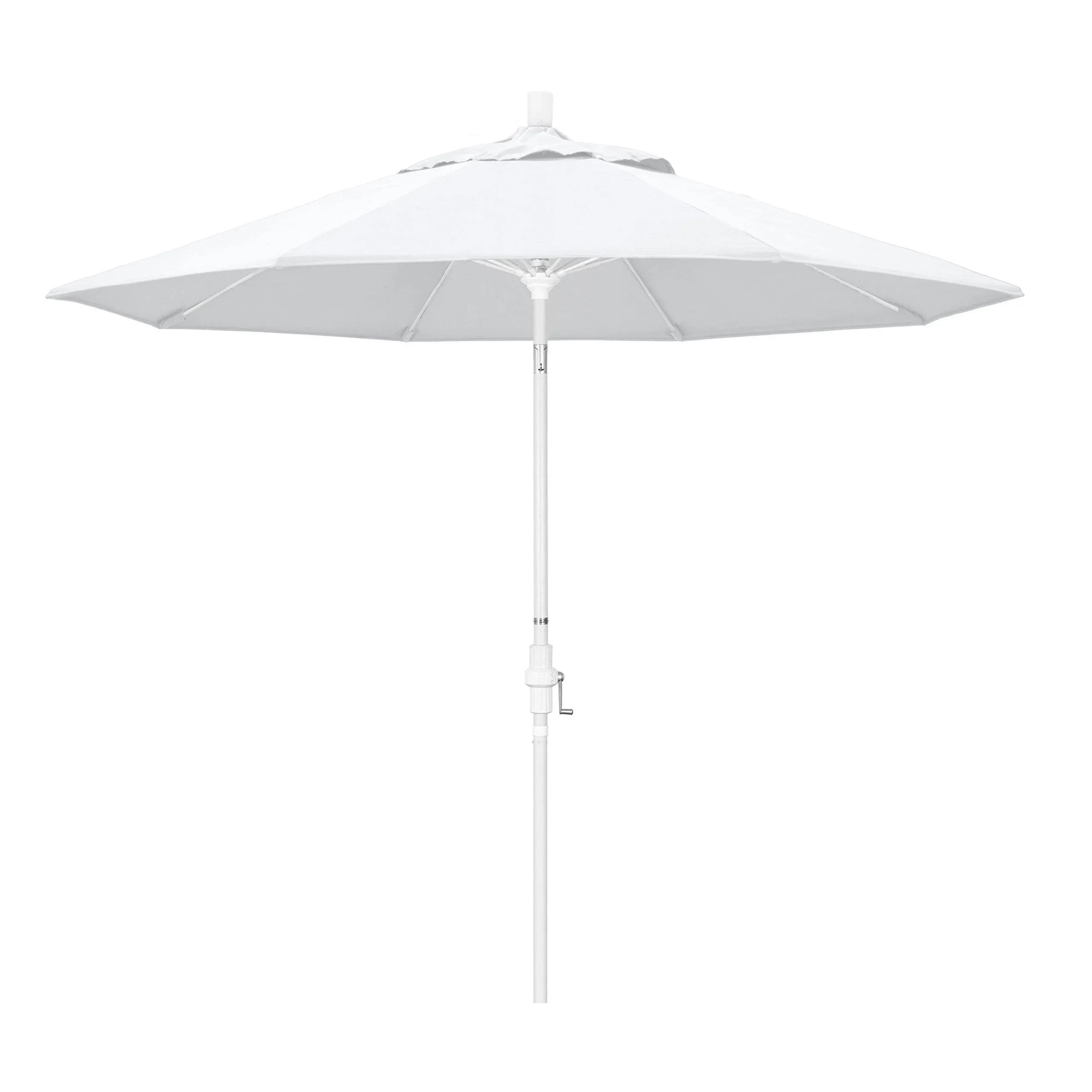 California Umbrella 9' Sun Master Series Patio Umbrella With Matted White Aluminum Pole Fiberglass Ribs Collar Tilt Crank Lift With Olefin White Fabric - California Umbrella GSCUF908170-F04