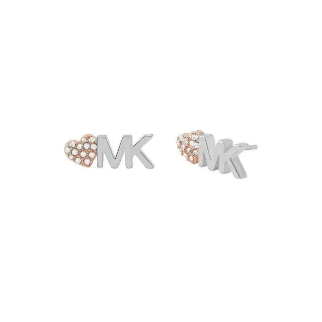 Michael Kors Womens MK Logo Stud Earrings Pave Crystals Heart Silver Rose Gold