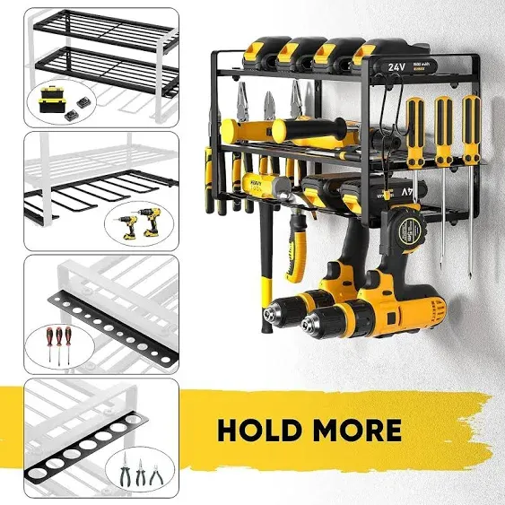 POKIPO Power Tool Organizer, Drill Holder Wall Mount, Heavy Duty Garage Tool Organizer and Storage, Suitable Tool Rack for Tool Room, Workshop, Garage, Utility Storage Rack for Cordless Drill (3 Tier)