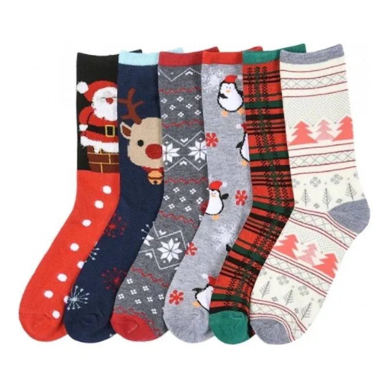 I&S 6 Pairs Crew Socks, Printed Fun Colorful Festive, Crew Knee Cozy Socks Women Fancy Christmas Holiday Design Soft