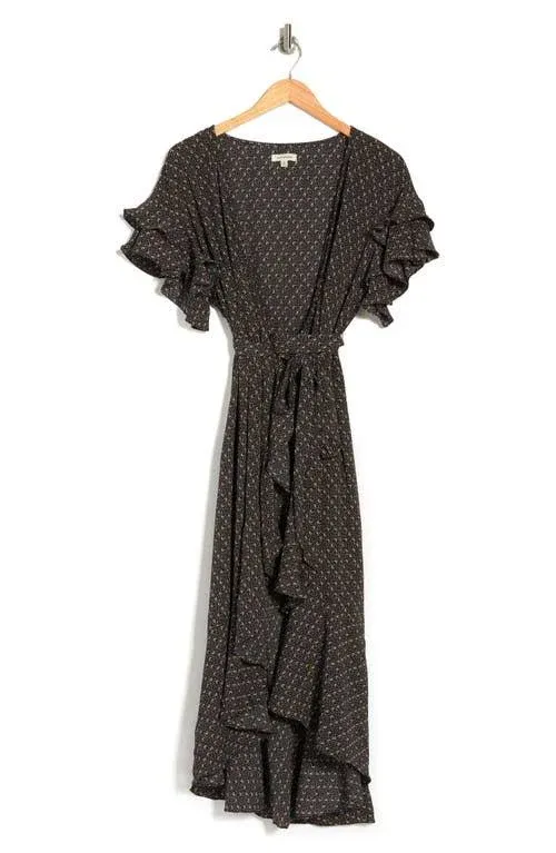 NWT Max Studio Wrap Dress Size S, Black Pattern, Midi High Low, Tiered Ruffles