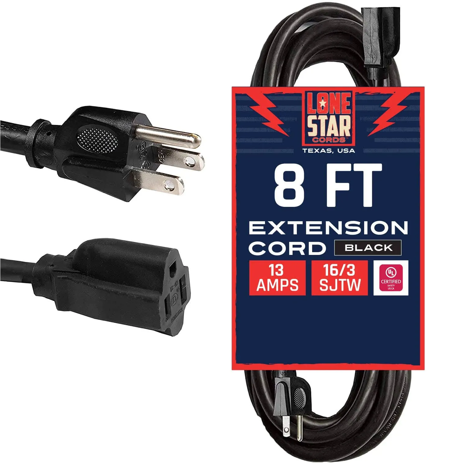 Lone Star 8 ft Outdoor Extension Cord, 16/3 Black Extension Cord 3 Prong Grounded ...