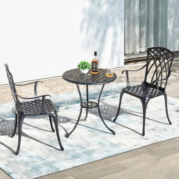 Nuu Garden 3 Piece Bistro Table Set Cast Aluminum Outdoor Patio Furniture with Umbrella Hole and Grey Cushions for Patio Balcony, Black with Golden Powder