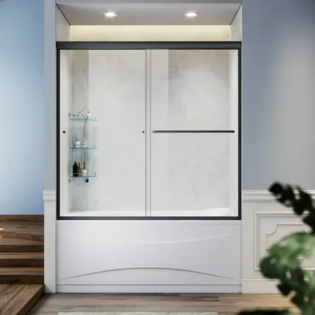 Sunny Shower Black Tub Sliding Shower Door 60 inch W x 57 inch H 1/4 in. Clear ...