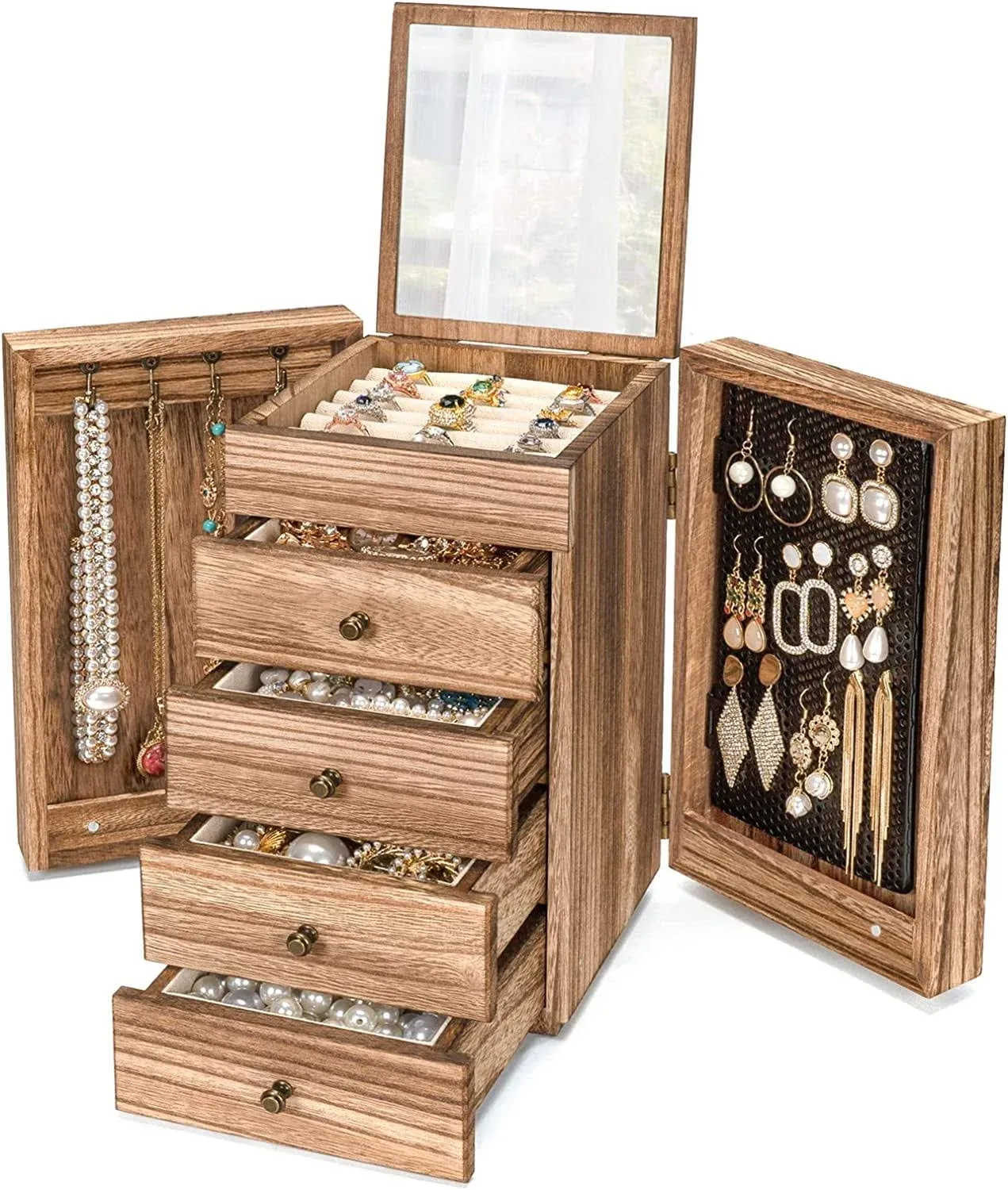 Meangood Jewelry Box Wood for Wowen, 5-Layer Large Organizer Box with Mirror & 4 ...