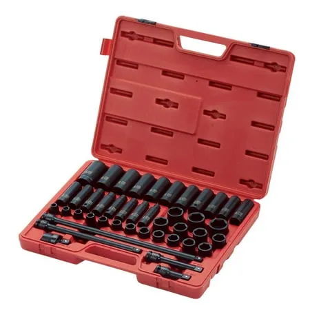 Sunex 2569, 1/2" Drive Master Impact Socket Set, 43Piece, Metric, 9mm - 30mm, Standard/Deep, Cr-Mo Alloy Steel, Radius Corner Design, Heavy Duty Storage Case, Universal Joint & Impact Extensions