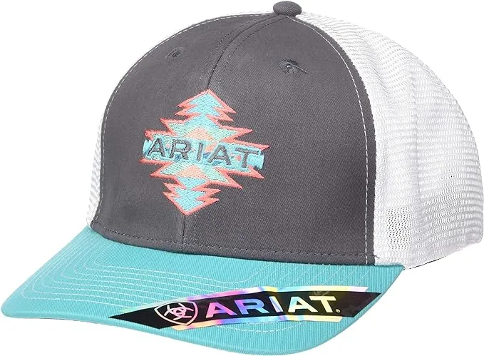 Women’s Distressed Ariat Teal, Grey, and White Aztec Trucker Hat OS