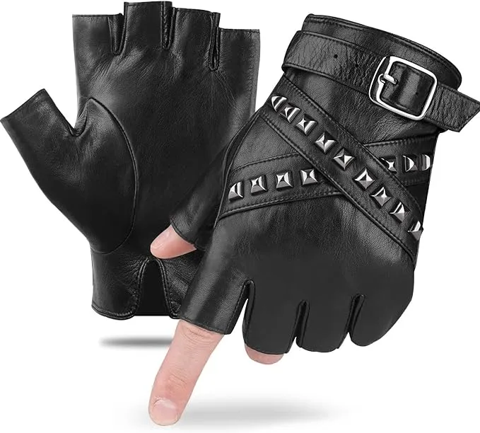 FIORETTO Mens Genuine Leather Fingerless Gloves Punk Rock Unlined Sheepskin Half Gloves M16519