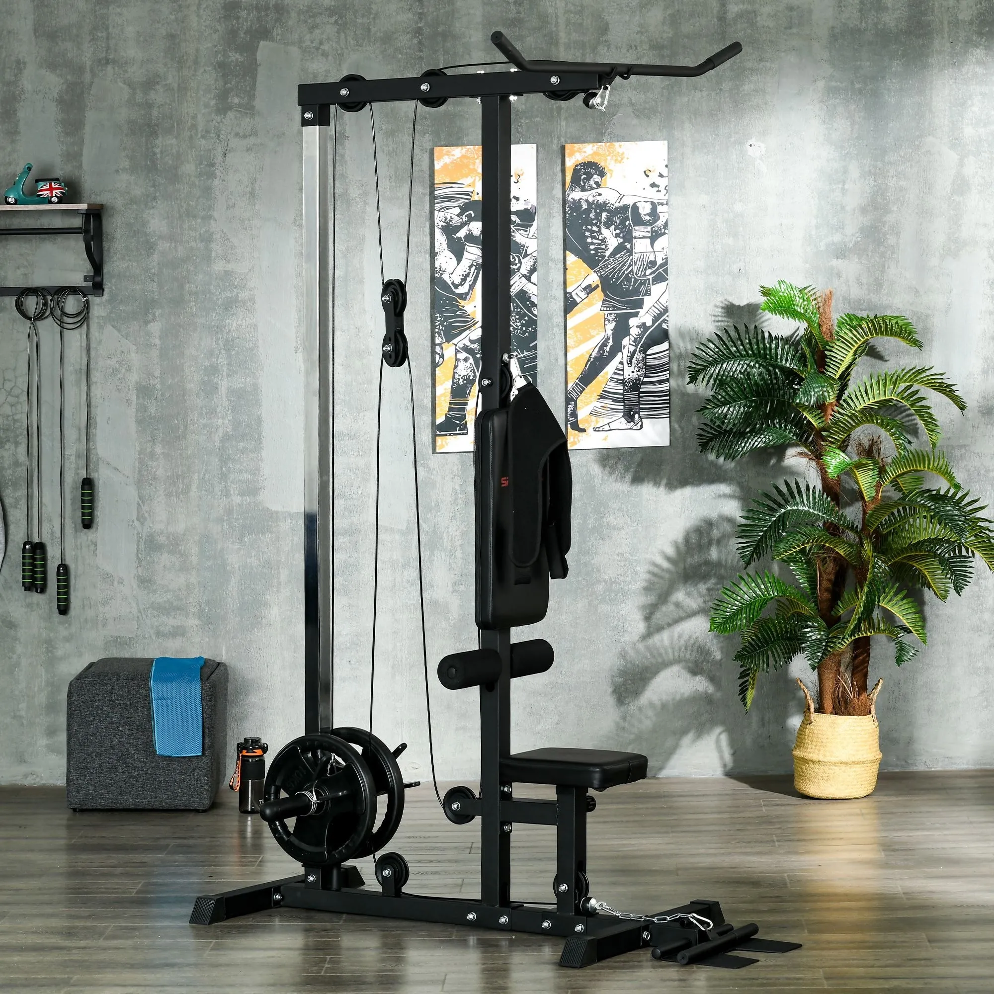 Soozier Cable Machine, LAT Machine with High and Low Pulley Stations, Cable Row Machine with Adjustable Seat and Flip-Up Footplate, for Home Gym