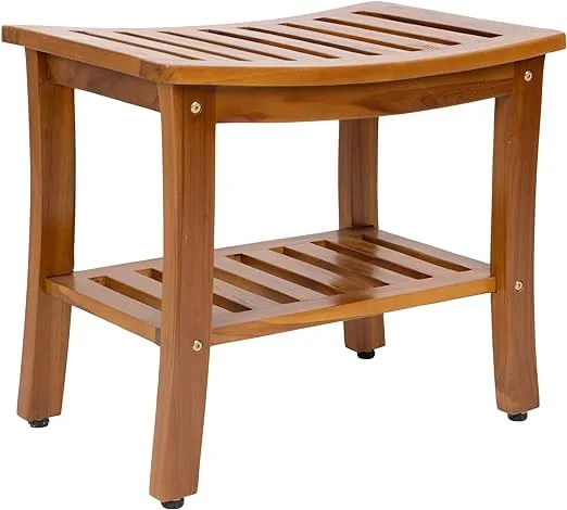 Teak Waterproof Bench - Indoor Outdoor Wood Bench with Shelf, Shower Bench, Spa