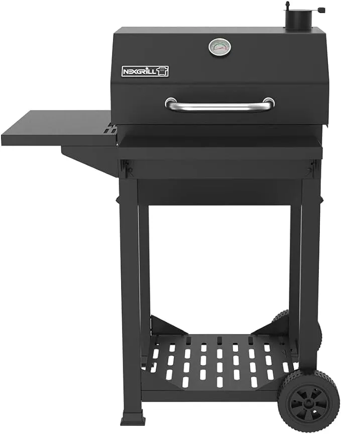 Nexgrill Cart-Style Charcoal Grill in Black with Side Shelf and Foldable Front