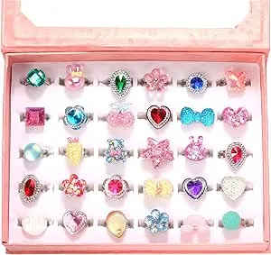 PinkSheep Little Girl Jewel Rings in Box, Adjustable, No duplication, Girl Pretend Play and Dress Up Rings (30 Jewel Ring), Resin, No Gemstone