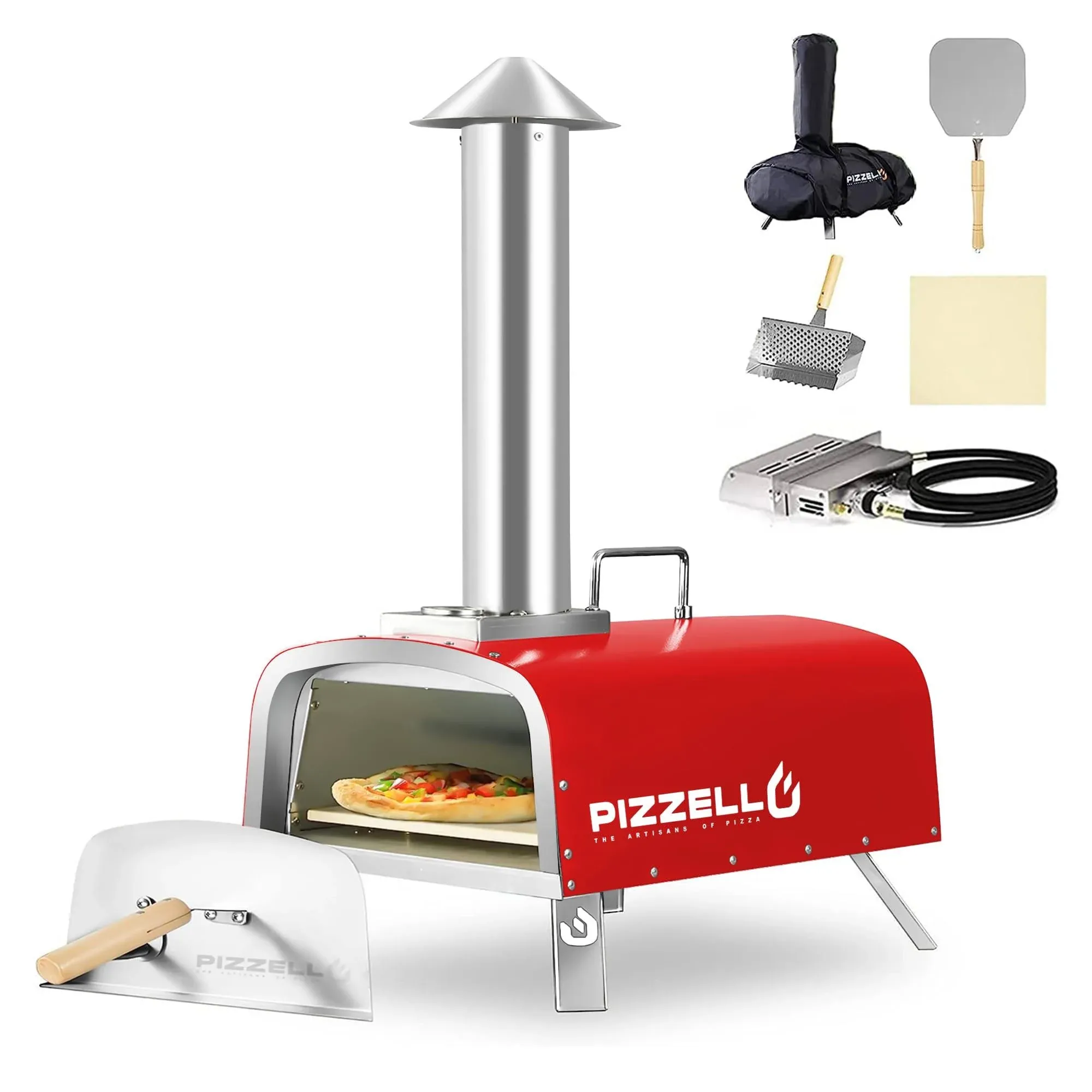 Pizzello 12" Outdoor Pizza Oven Propane and Wood Fired Pizza Maker Multi-Fuel Pizza Ovens with Gas Burner, Wood Tray, Stone, Pizza Peel, Cover,