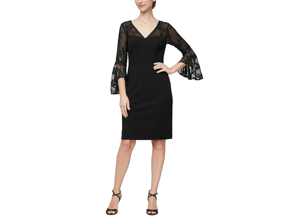 Alex Evenings Petite Short V-Neck Sheath Dress with Illusion Neckline (Black) Women's Dress