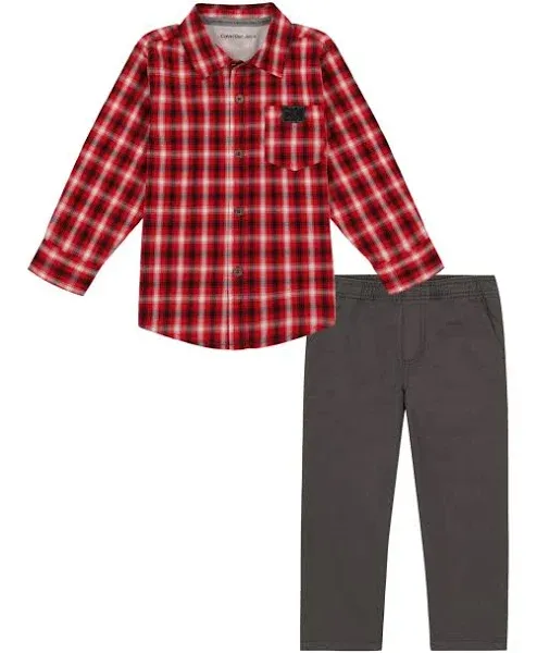 Calvin Klein Baby Boys Plaid Long Sleeve Button Front Shirt and Prewashed Twill Pants, 2 Piece Set - Red