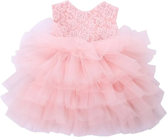 Cilucu Baby Girls Dress Toddler Kids Party Dress Tutu Pageant Lace Dresses Gown for Flower Girl Baby Birthday Pink Peach