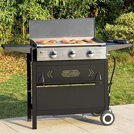 MFSTUDIO Flat Top Gas Griddle Grill with lid, 3 Burner Propane BBQ Grill Outdoor Cooking, Can be Used As a Table Top Griddle, for Camping, 33,000 BTU