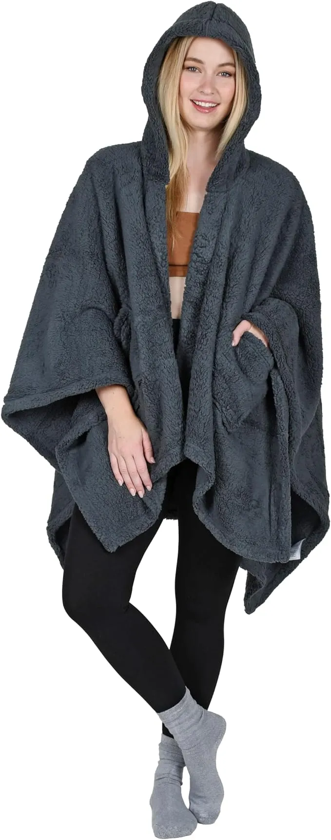 Catalonia Women's Poncho Cape, Sherpa Cloak Coat, Snuggly Hooded Wearable Blanket, Gift Idea for Mom and Teen Girls