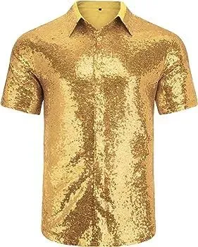 LecGee Mens Disco Sequin Prom Shirt Short Sleeve Luxury Sparkle Button Down 70s Party Club Novelty Shiny Shirt for Men