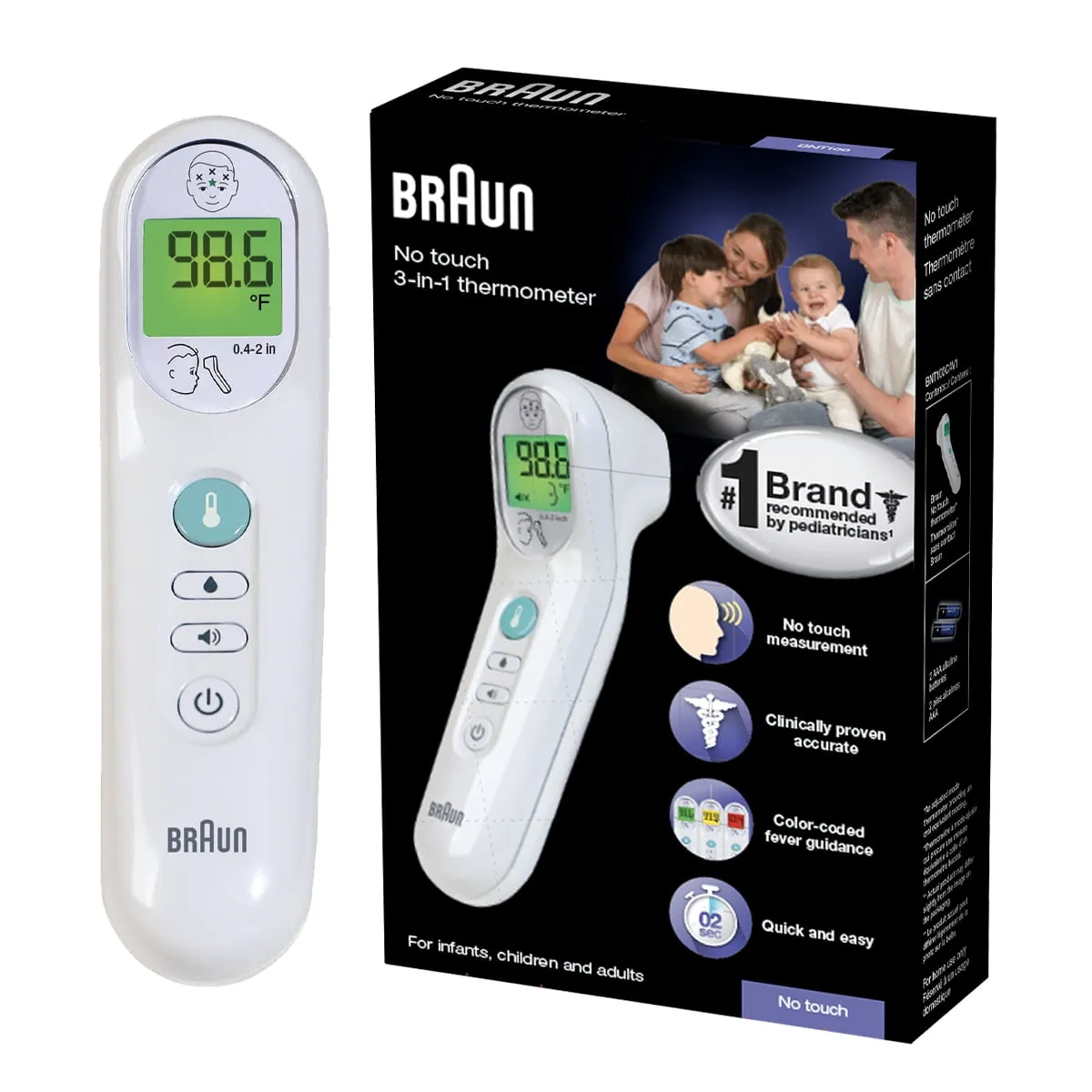 Braun No Touch 3-in-1 Thermometer, BNT100 - Professional Accuracy and Color Coded Fever Guidance for Babies, Toddlers, Kids and AdultsBraun No Touch 3-in-1 Thermometer, BNT100 - Professional Accuracy and Color Coded Fever Guidance for Babies, Toddlers, K