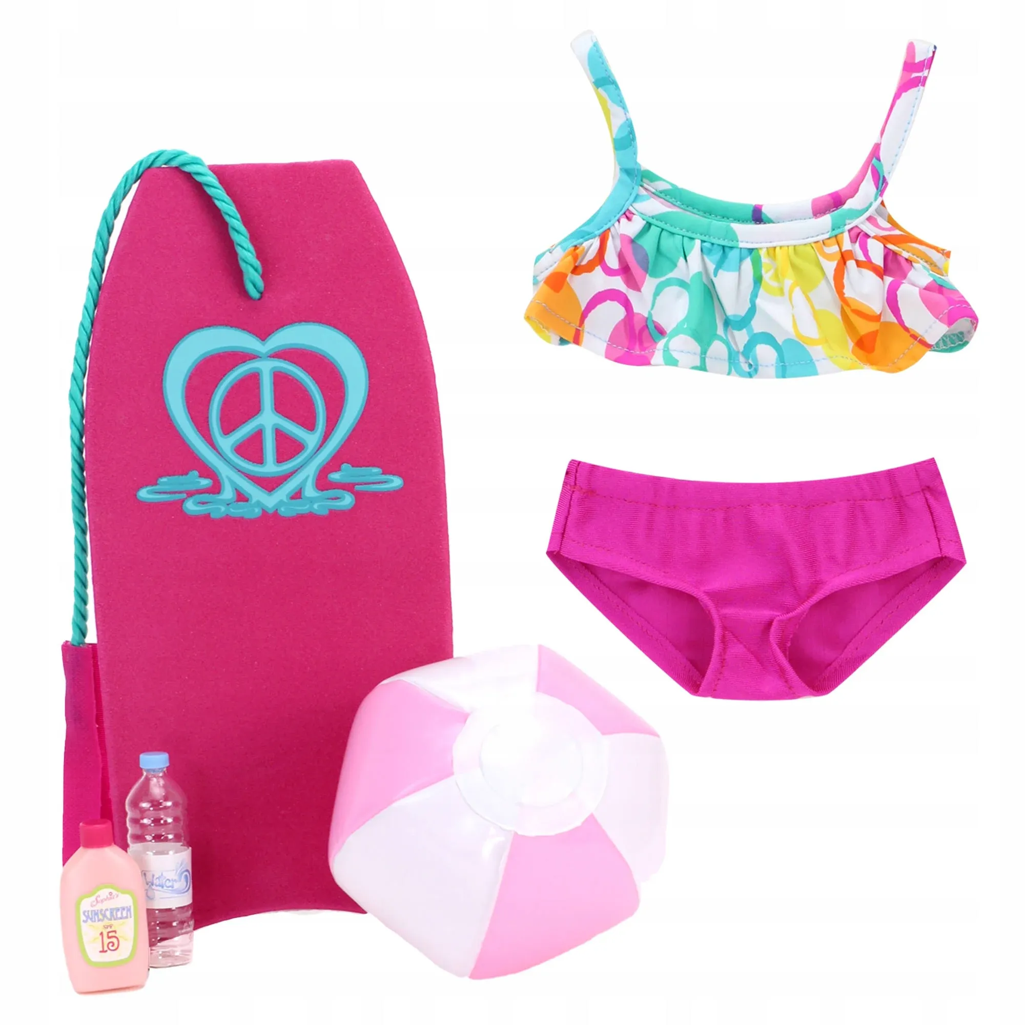 Sophia's Bubble Bikini and Beach Accessories Set with Bodyboard, Beach Ball, Water Bottle, and Suntan Lotion 5 Piece Set for 18" Dolls, Multicolor