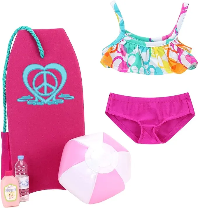 Sophia's Bubble Bikini and Beach Accessories Set with Bodyboard, Beach Ball, Water Bottle, and Suntan Lotion 5 Piece Set for 18" Dolls, Multicolor