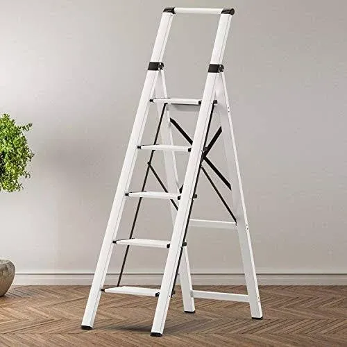 GameGem 5 Steps Lightweight Aluminum Ladder for 10 Feet High Ceiling, Folding Step Stool Stepladders with Anti-Slip and Wide Pedal for Home and Kitchen Use Space Saving (Silver)