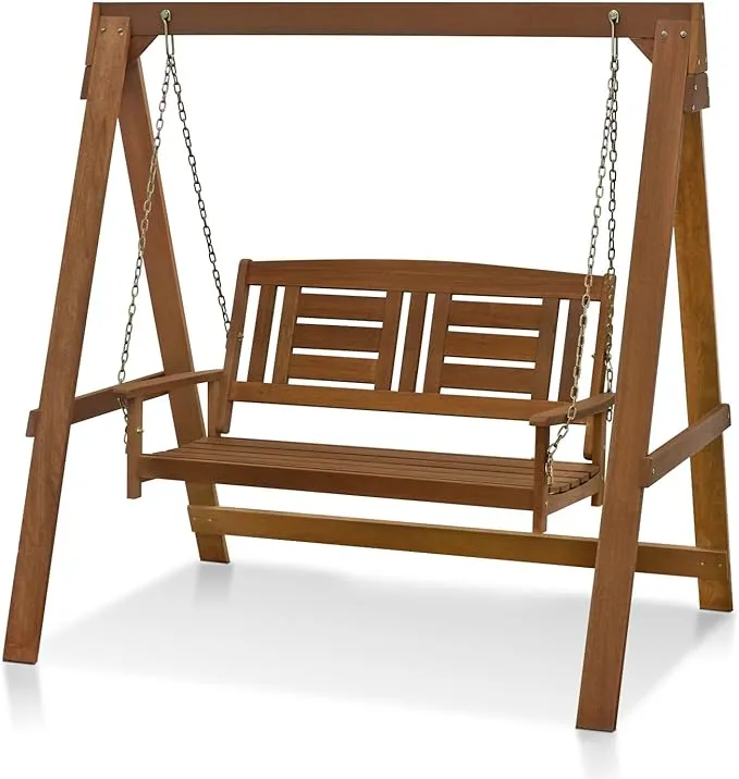 Furinno Tioman Hardwood Hanging Porch Swing with Stand, Seating Capacity 3