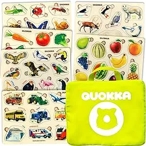 Educational Toys for 1 2 3 Years Old Girls and Boys - 6 Wooden Puzzles for Kids - Montessori Toys for 3 Yo by Quokka - Fun Animals Learning Games for