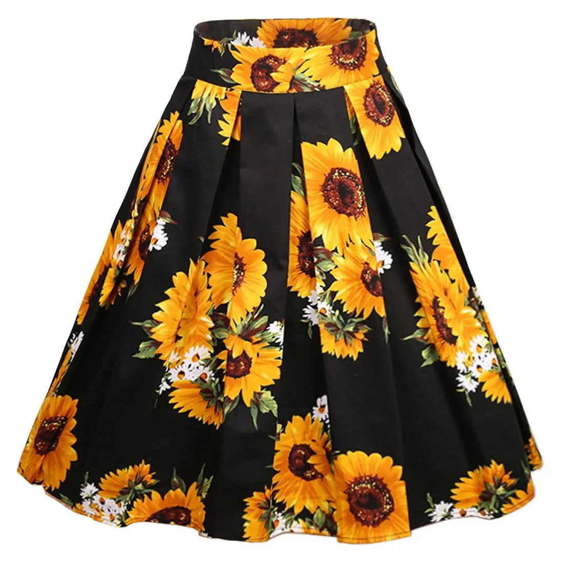 Girstunm Women's Pleated Vintage Skirt Floral Print A-line Midi Skirts with Pockets