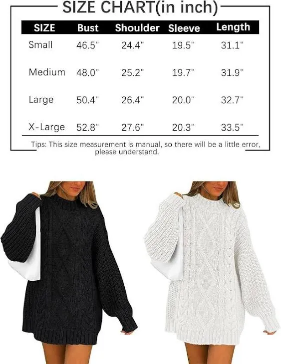 LILLUSORY Women's Crewneck Oversized Sweater Dress 2024 Fall Fashion Cable Knit Long Sleeve Dresses Chunky Pullover Tops