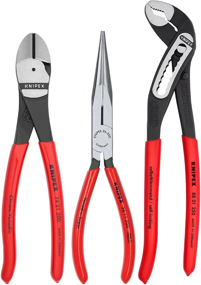 KNIPEX Tools 00 20 08 US1 Long Nose, Diagonal Cutter, and Alligator Pliers 3-Piece Tool Set, Red (Packaging May Vary)