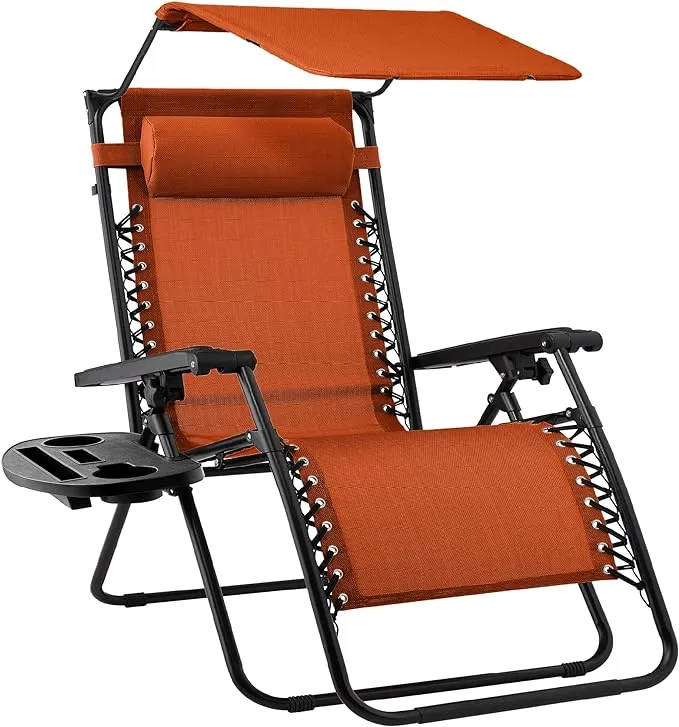 Best Choice Products Folding Zero Gravity Recliner Patio Lounge Chair w/ Canopy Shade, Headrest, Tray - Burnt Orange