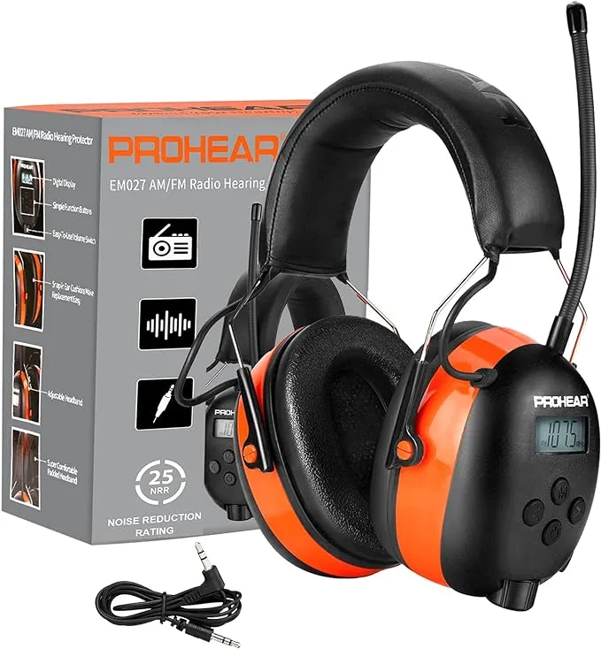 PROHEAR 027 AM FM Radio Headphones with Digital Display, 25dB NRR, Safety Ear Protection Earmuffs for Mowing, Snowblowing, Construction, Work Shops - Orange