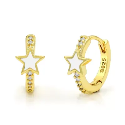 Giorgio Bergamo 925 Sterling Silver Gold Plated Star Enamel Colored Huggie Hoop Minimalist Earrings, Cubic Zirconia, White