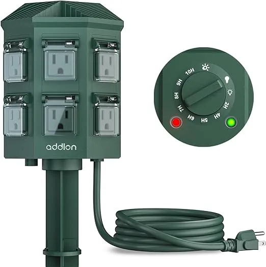 addlon 9FT Heavy Duty Outdoor Power Stake Timer Waterproof, 14AWG 15A-125V-1875W, 6 Outlets, Weatherproof, Perfect for Outdoor Lights, Sprinklers and Christmas Lights, ETL Listed