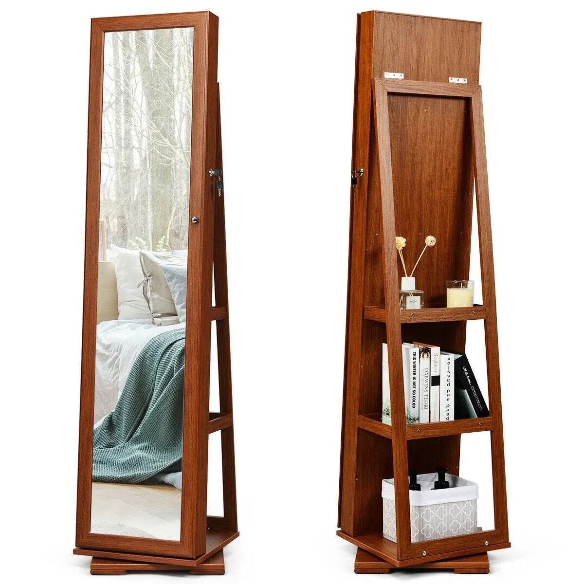 360? Rotatable Armoire 2-in-1 Lockable Mirrored Jewelry Cabinet-Brown