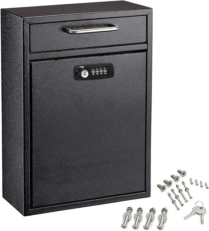 AdirOffice Black Large Drop Box Wall Mounted Locking Mail Box with Key and Combination Lock