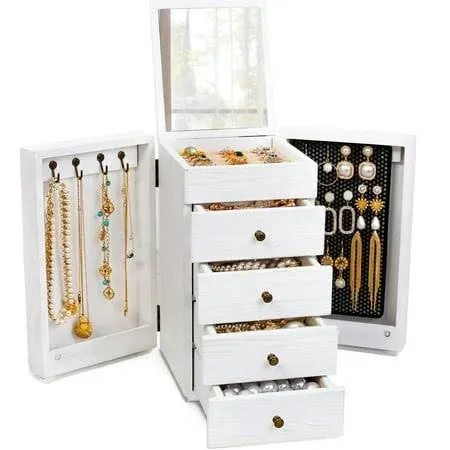 Meangood Wooden Jewelry Box, 5-Tier Large Storage Box with Mirror and 4 Drawers