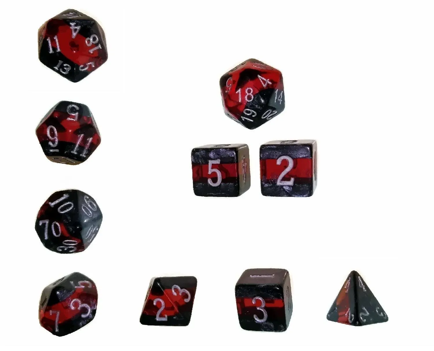 Marbled Ruby Set of 10 Dice with 1 Initiative Advantage d20 +2 Max Damage d6 D&amp;D