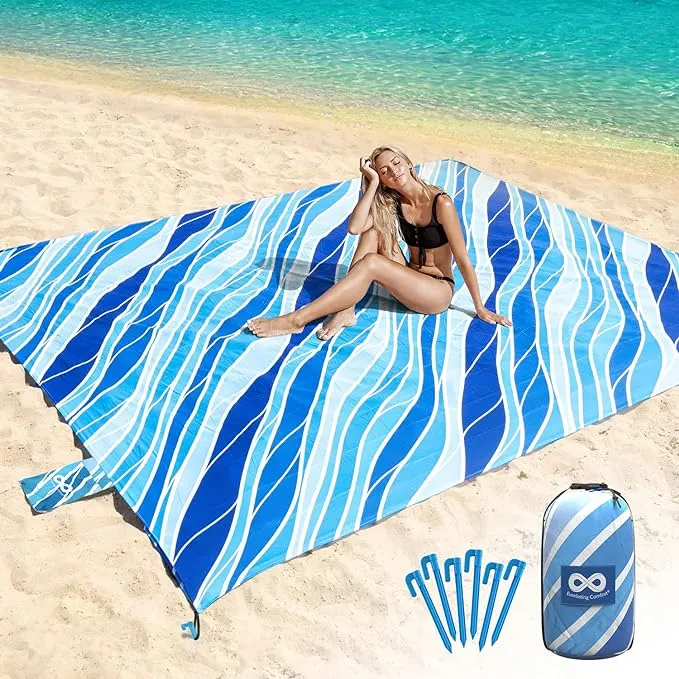 Everlasting Comfort Beach Blanket Waterproof Sandproof - Large Oversized Beach Mat for 10 People w/Stakes, Storage Bag - Beach Accessories for Family, Picnic, Concert, Travel