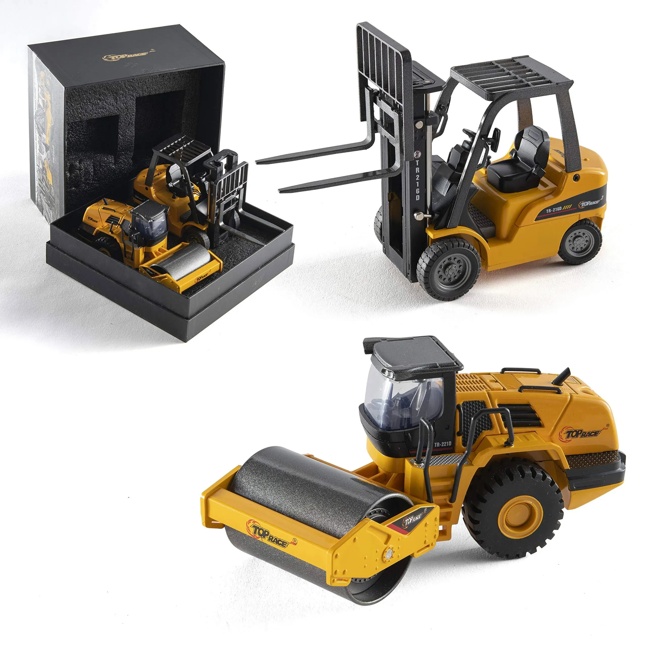 Metal Diecast Construction Set of 2 Heavy Metal Fork Lift and Road Roller wit...