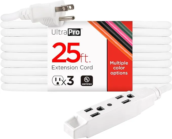 UltraPro 25 Ft Indoor Extension Cord 3 Outlet Extension Cords Outlet Power Strip Short Extension Cord with Multiple Outlets Grounded Heavy Duty Extension Cord 16 Gauge UL Listed White 50806