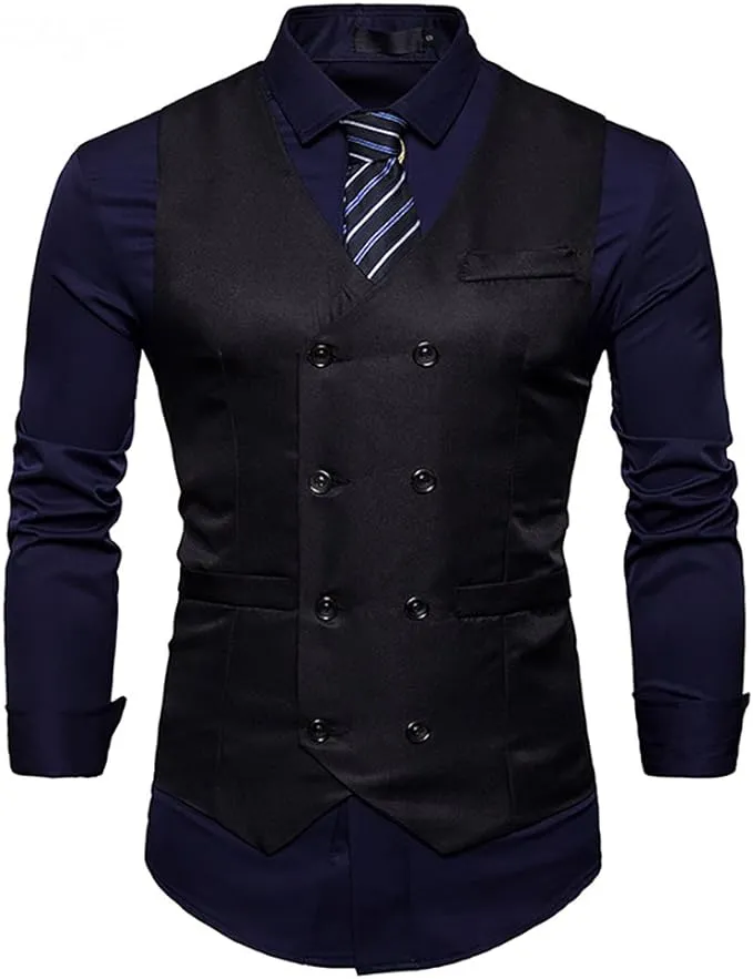 Cloudstyle Mens Vest Double Breasted V-Neck Slim Fit Formal Dress Vest Business Waistcoat