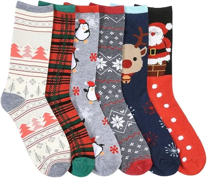 I&S 6 Pairs Crew Socks, Printed Fun Colorful Festive, Crew Knee Cozy Socks Women Fancy Christmas Holiday Design Soft