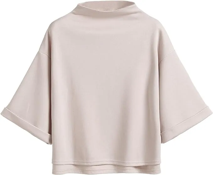 SweatyRocks Women's 3/4 Sleeve Mock Neck Basic Loose T-Shirt Elegant Top