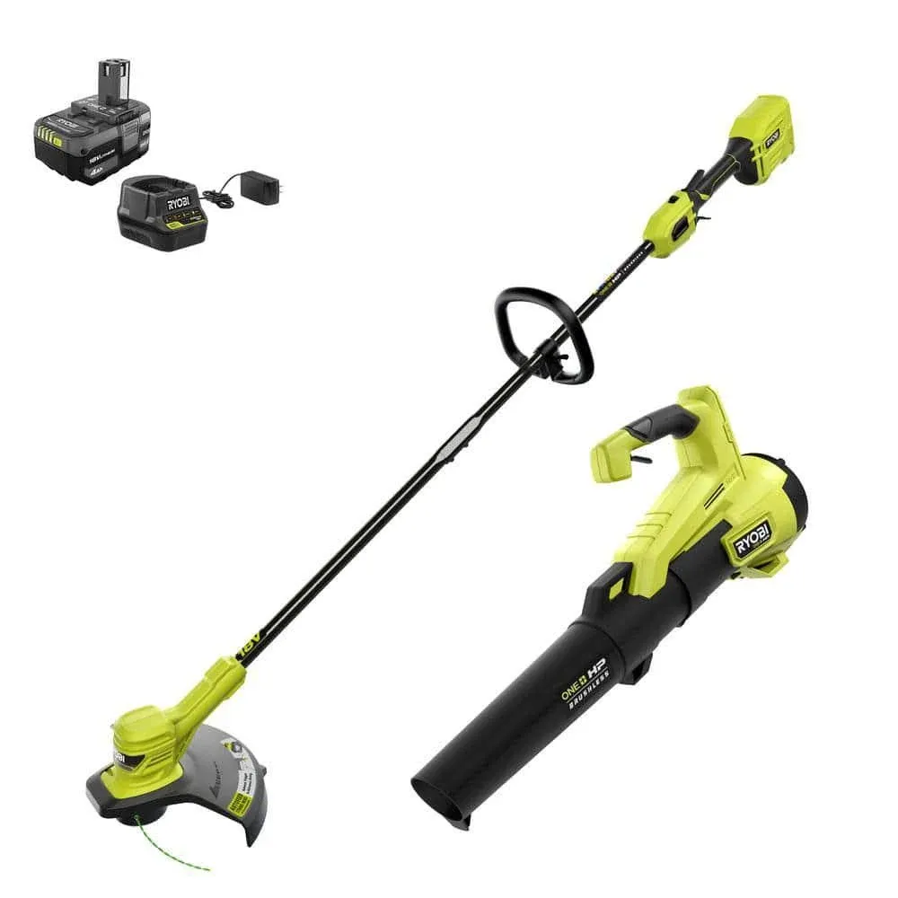 Ryobi One+ HP 18V Brushless Cordless Battery String Trimmer and Leaf Blower Combo ...