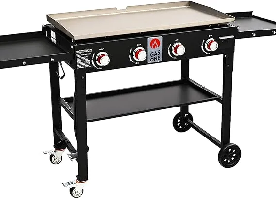 Gas One Propangasbrenner Grill, 91,4 cm, flache Oberseite, Grillplatte, Kochstation, faltbarer 4-Brenner Propangasgrill mit vorgebrannter Grillplatte, professionelle Brenner für Outdoor-Kochen mit