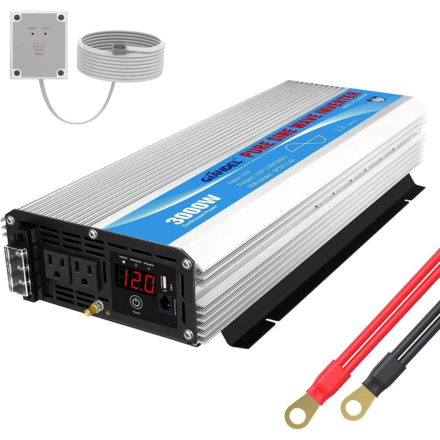 Giandel Pure Sine Wave Power Inverter 3000Watt DC 12V to AC120V with Dual AC Outlets with Remote Control and LED Display for RV Solar System ETL Appro